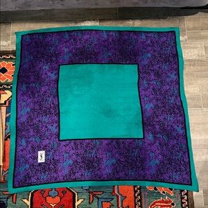 Vintage Yves Saint Laurent Teal Center with Purple Patterned Border Scarf